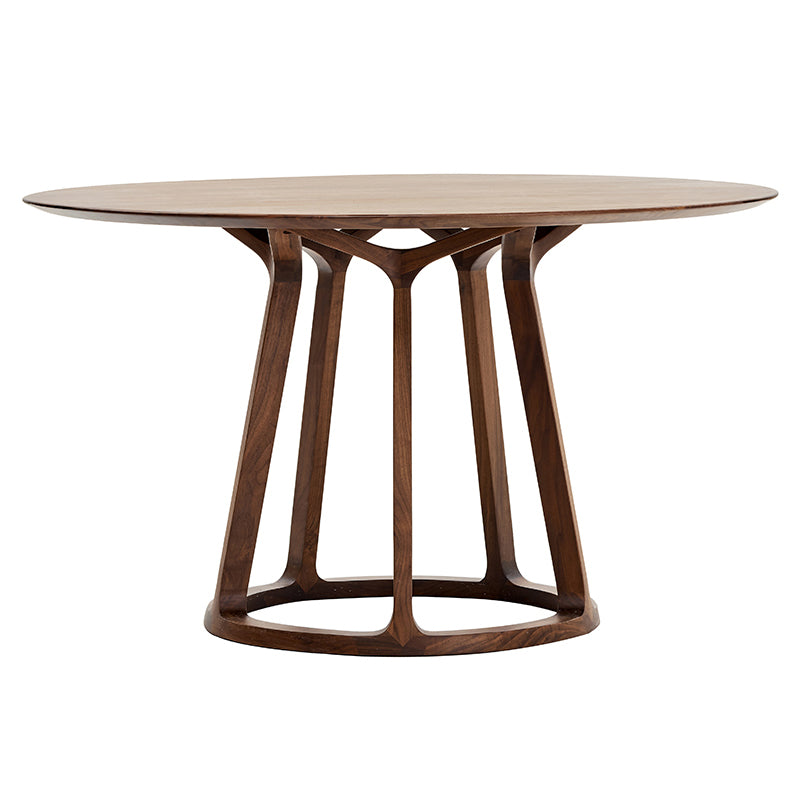 Round Pedestal Simplicity Dining Table Brown Tone Fixed Table with Pinewood Solid Wood
