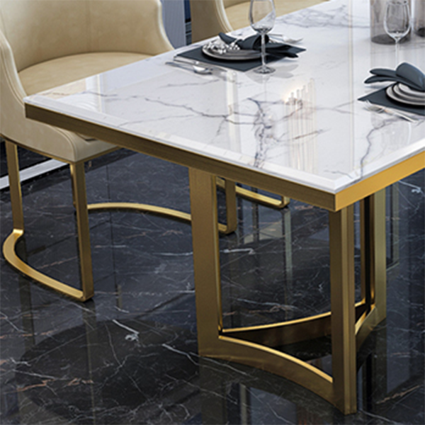 Luxury Sintered Stone Top Kitchen Table Rectangle Table with Gold Double Pedestal