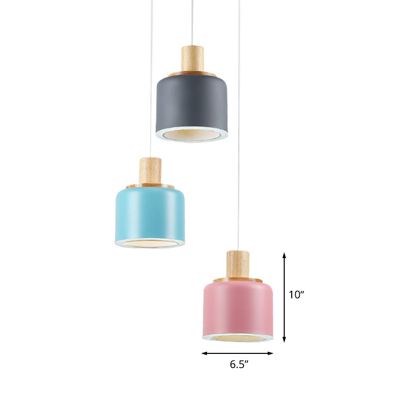 Luz de colgante de clúster de tambor blanco Minimalista Minimalista 3 cabezas Cosco metálico Colcar con tapa de madera