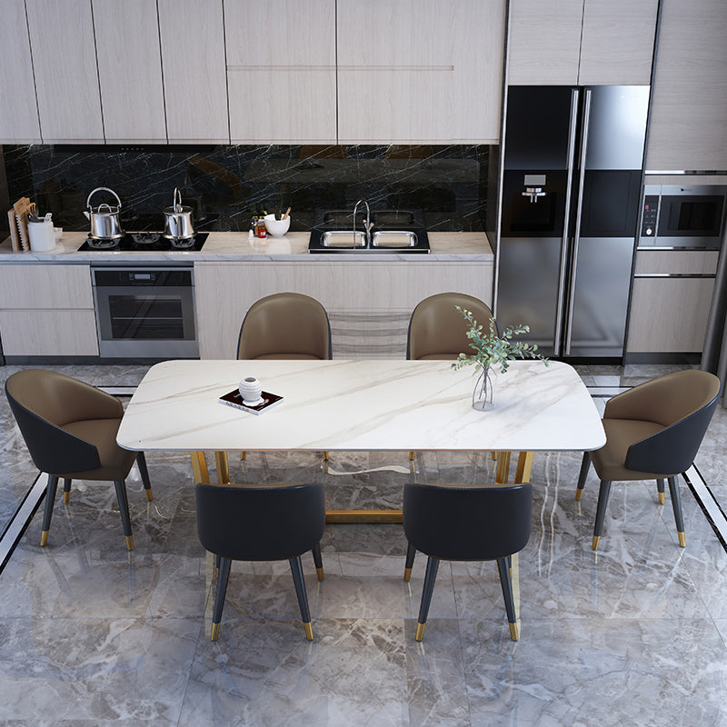 Rectangle Shape Glam Dining Table White Fixed Table with Sintered Stone
