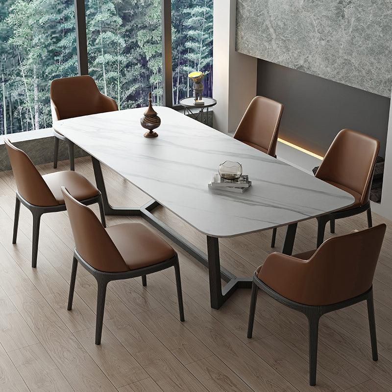 Rectangle Trestle Base Industrial Table White Fixed Table with Sintered Stone