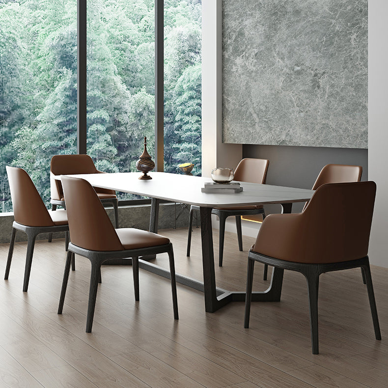 Rectangle Trestle Base Industrial Table White Fixed Table with Sintered Stone