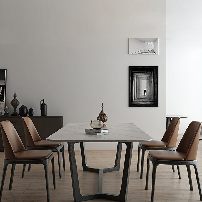 Rectangle Trestle Base Industrial Table White Fixed Table with Sintered Stone