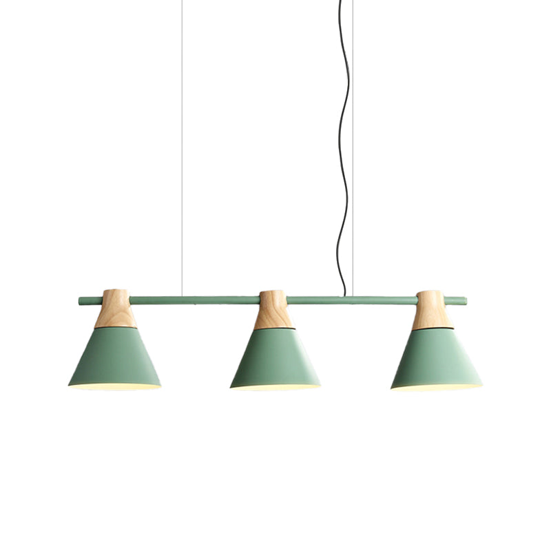 Salle de salle à manger cône Light Fer 3 bulbes Pendentif multim moderne en jaune / bleu / vert avec conception linéaire