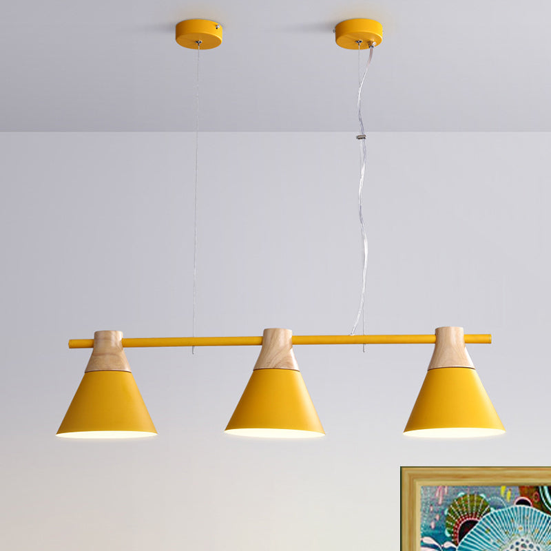 Salle de salle à manger cône Light Fer 3 bulbes Pendentif multim moderne en jaune / bleu / vert avec conception linéaire