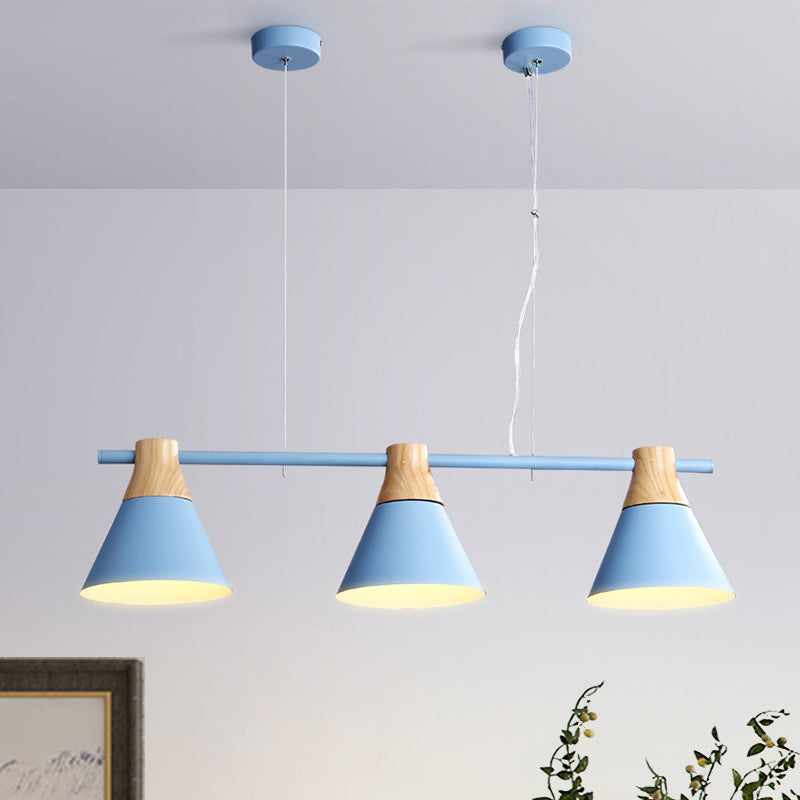 Salle de salle à manger cône Light Fer 3 bulbes Pendentif multim moderne en jaune / bleu / vert avec conception linéaire