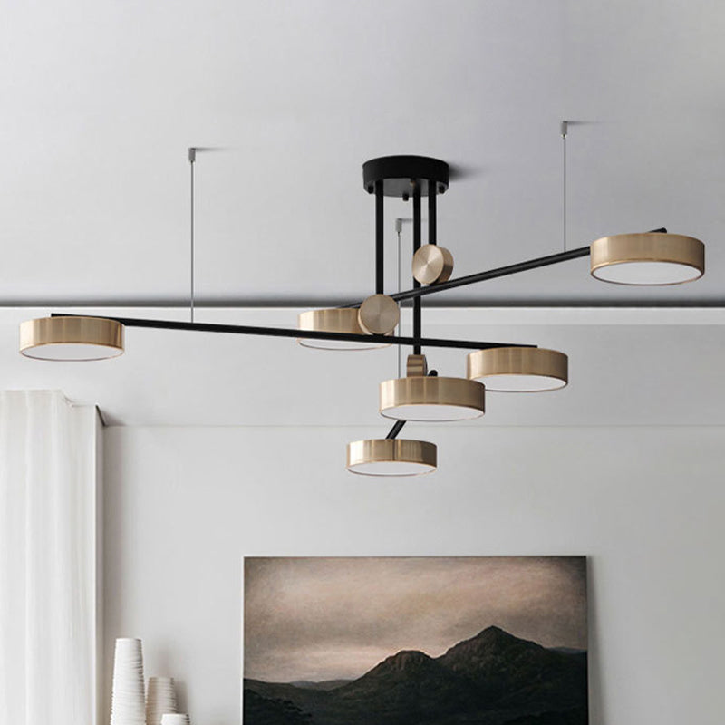 Modernist 6-Head Multi Lamp Pendant with Metal Shade Black and Gold Small Drum Suspension Light
