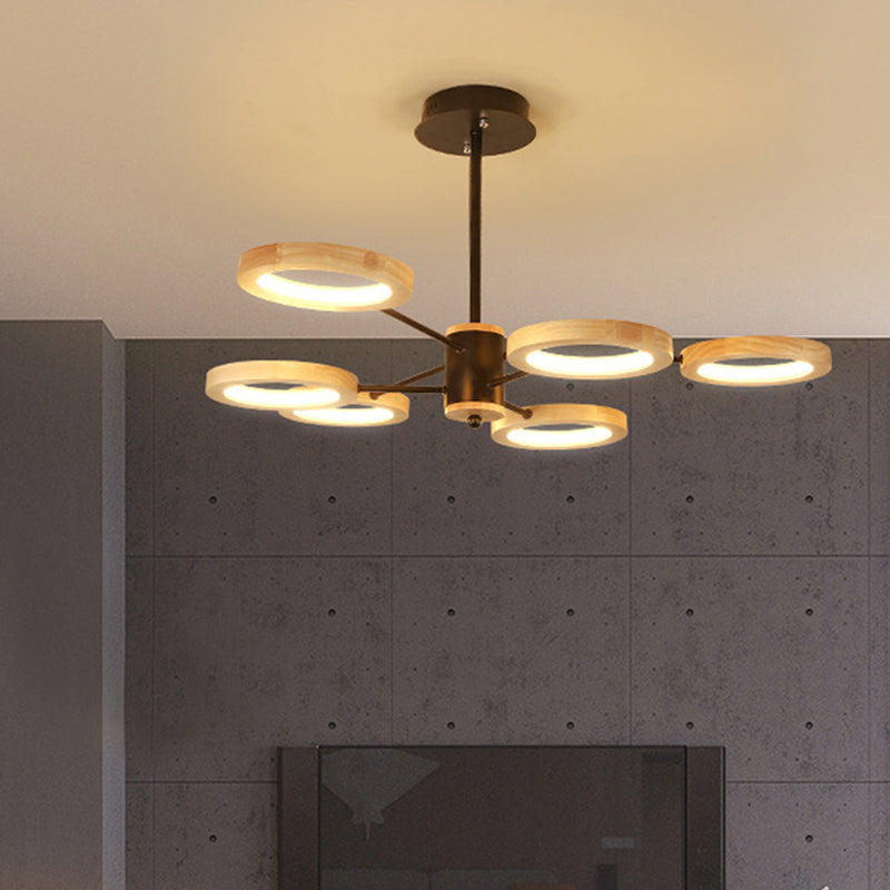 Wood Sputnik Chandelier Pendant Light Modern 3/5/6 Lights Black Led Hanging Ceiling Lamp in Natural Light
