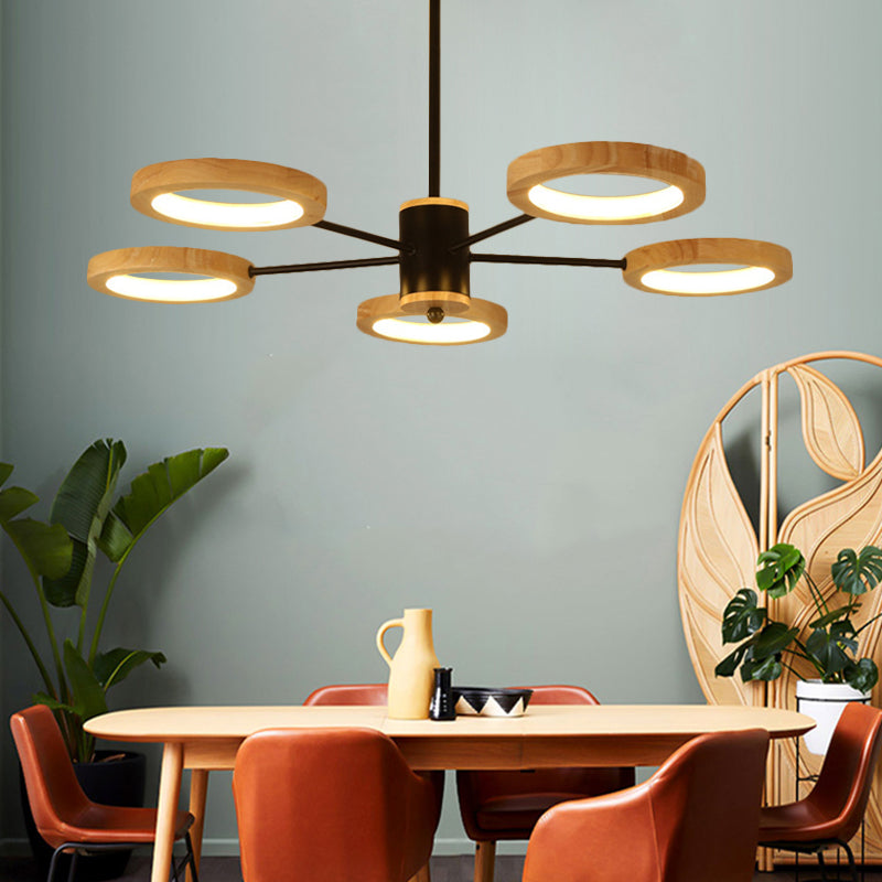 Wood Sputnik Chandelier Pendant Light Modern 3/5/6 Lights Black Led Hanging Ceiling Lamp in Natural Light