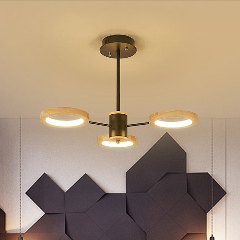 Wood Sputnik Chandelier Pendant Light Modern 3/5/6 Lights Black Led Hanging Ceiling Lamp in Natural Light