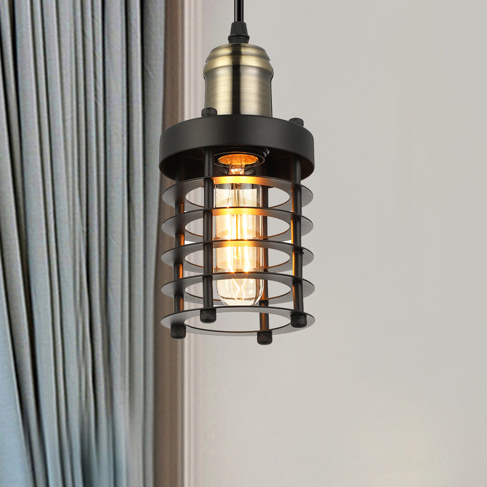 Accesorio de techo cilíndrico de hierro RETRO INDUSTRIAL 1 CABEZA Lámpara colgante de sala de estar con sombra de jaula de alambre en cobre/latón envejecido