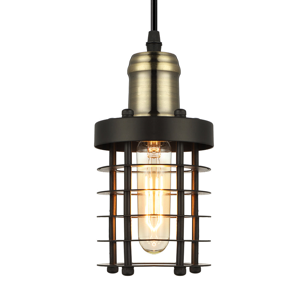 Accesorio de techo cilíndrico de hierro RETRO INDUSTRIAL 1 CABEZA Lámpara colgante de sala de estar con sombra de jaula de alambre en cobre/latón envejecido