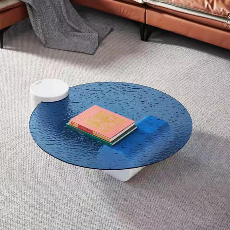 9.8"H Modern Marble Abstract Base Glass Round Coffee Table for Living Room