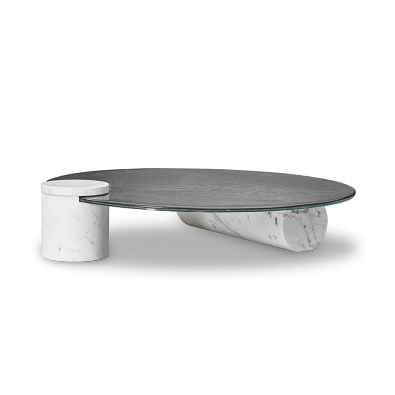 9.8"H Modern Marble Abstract Base Glass Round Coffee Table for Living Room