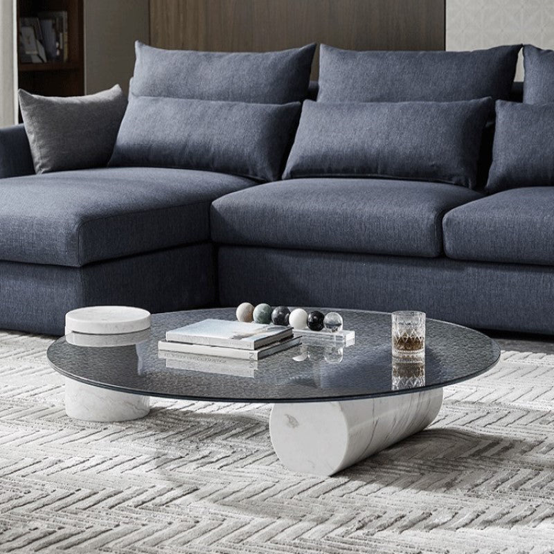 9.8"H Modern Marble Abstract Base Glass Round Coffee Table for Living Room
