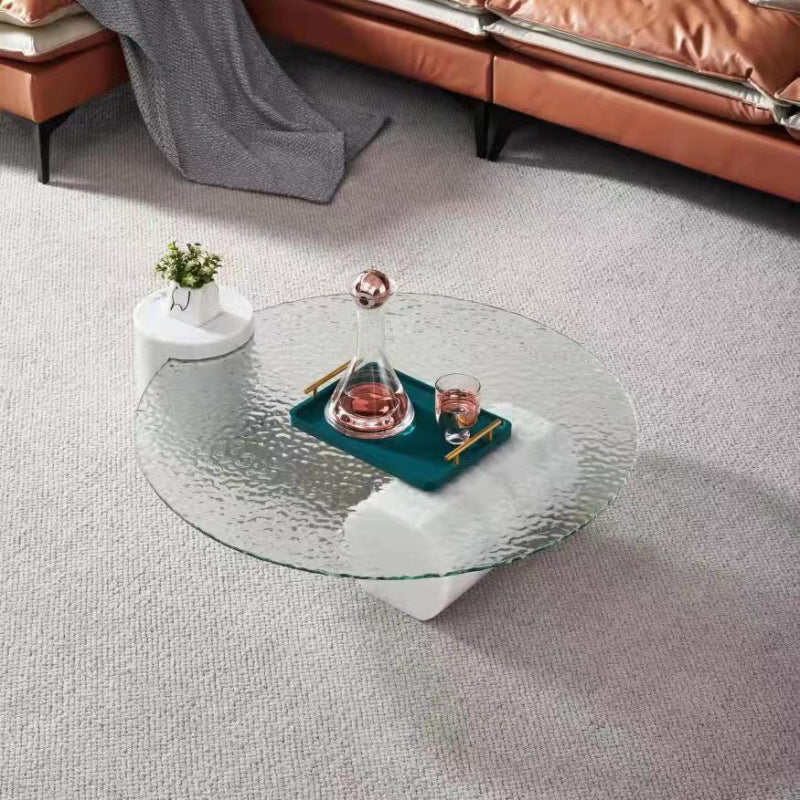9.8"H Modern Marble Abstract Base Glass Round Coffee Table for Living Room