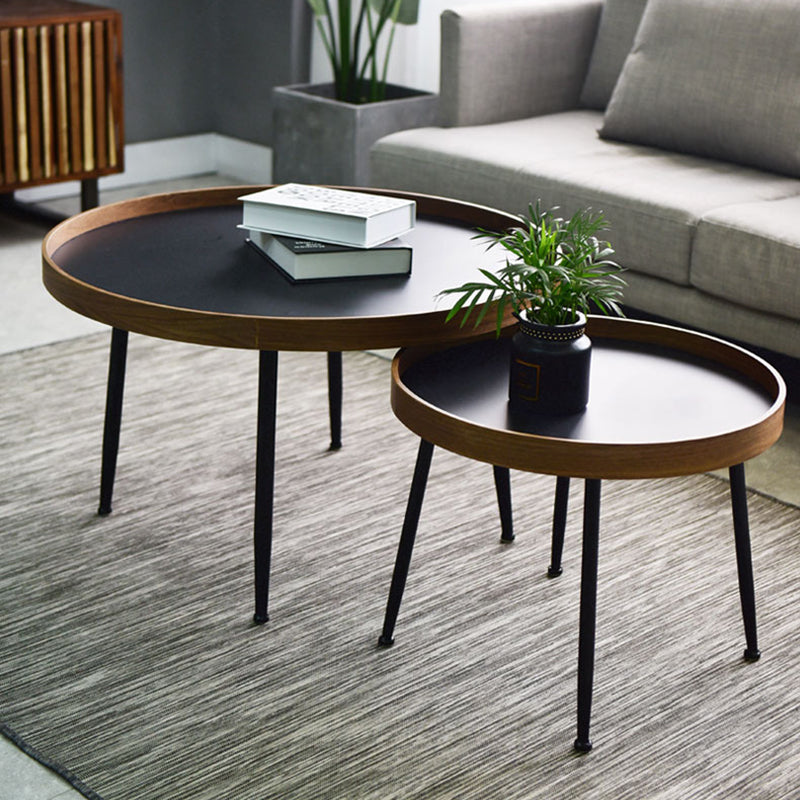 15.7"H Modern 4 Legs Metal Round Brown/Black Wood Top Coffee Table/Nesting Tables