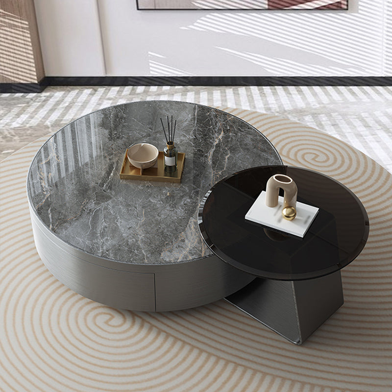 Drum Base Design Cocktail Table Rock Plate/tempered Glass Desktop Coffee Table