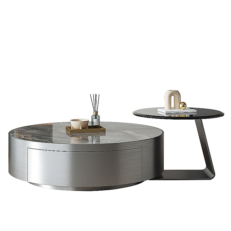 Drum Base Design Cocktail Table Rock Plate/tempered Glass Desktop Coffee Table