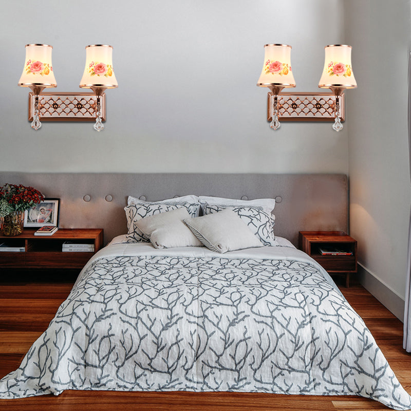 White Glass Flared Wall Lamp Contemporary Gold Wall Light Fixture for Bedroom