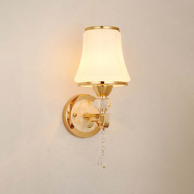 White Glass Flared Wall Lamp Contemporary Gold Wall Light Fixture for Bedroom
