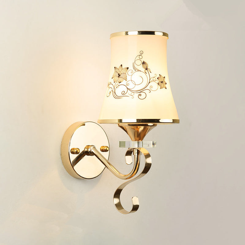 White Glass Flared Wall Lamp Contemporary Gold Wall Light Fixture for Bedroom