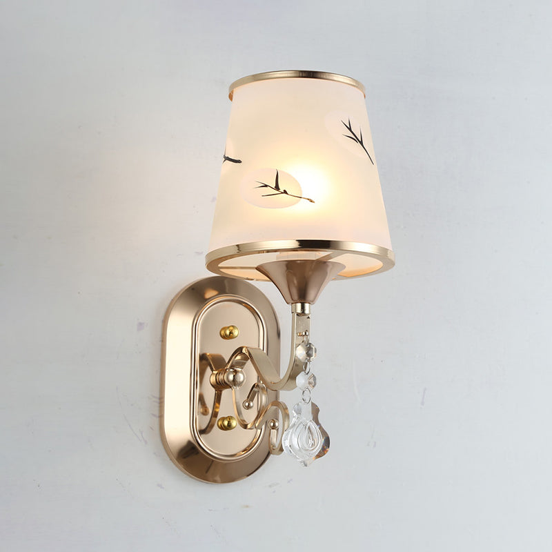 White Glass Flared Wall Lamp Contemporary Gold Wall Light Fixture for Bedroom