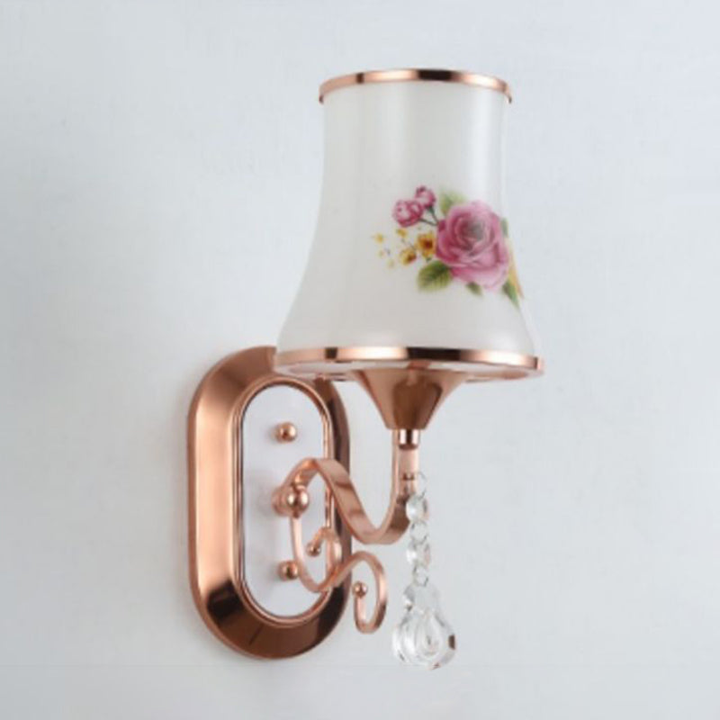 White Glass Flared Wall Lamp Contemporary Gold Wall Light Fixture for Bedroom