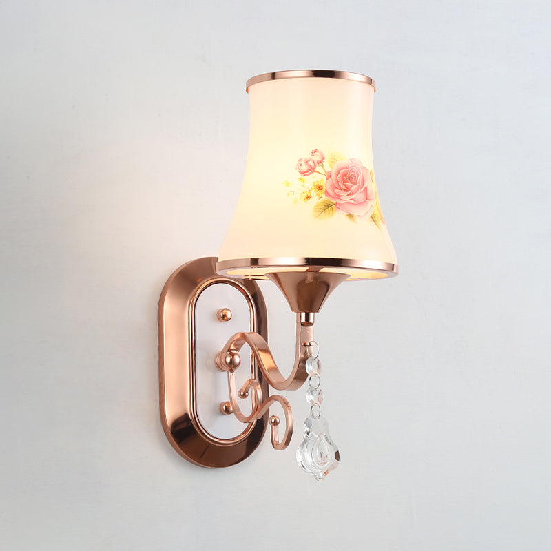 White Glass Flared Wall Lamp Contemporary Gold Wall Light Fixture for Bedroom