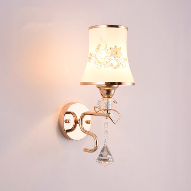 White Glass Flared Wall Lamp Contemporary Gold Wall Light Fixture for Bedroom