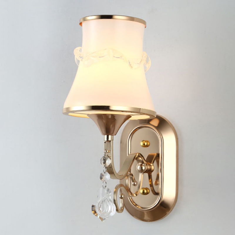 White Glass Flared Wall Lamp Contemporary Gold Wall Light Fixture for Bedroom