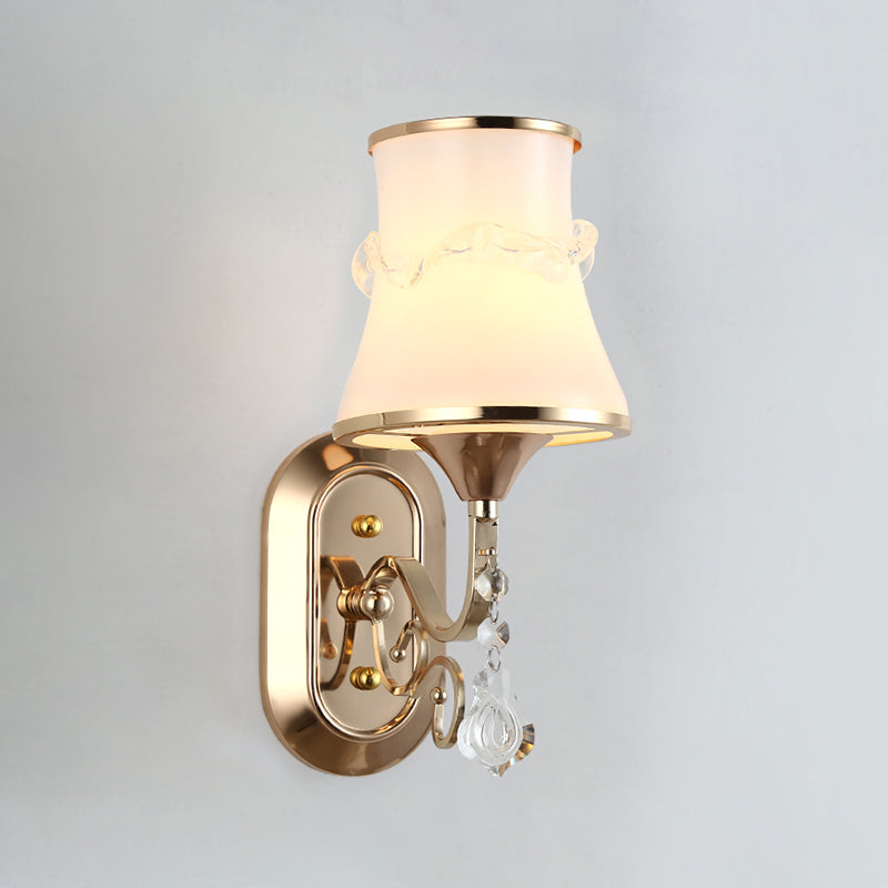 White Glass Flared Wall Lamp Contemporary Gold Wall Light Fixture for Bedroom