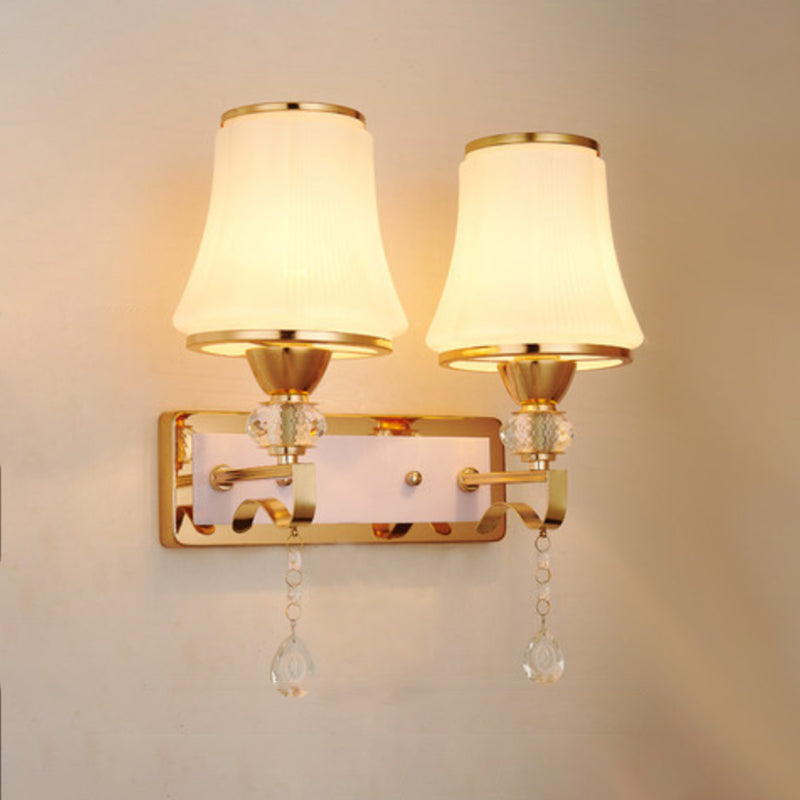 White Glass Flared Wall Lamp Contemporary Gold Wall Light Fixture for Bedroom