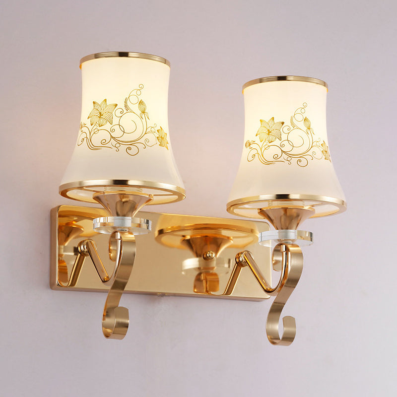 White Glass Flared Wall Lamp Contemporary Gold Wall Light Fixture for Bedroom