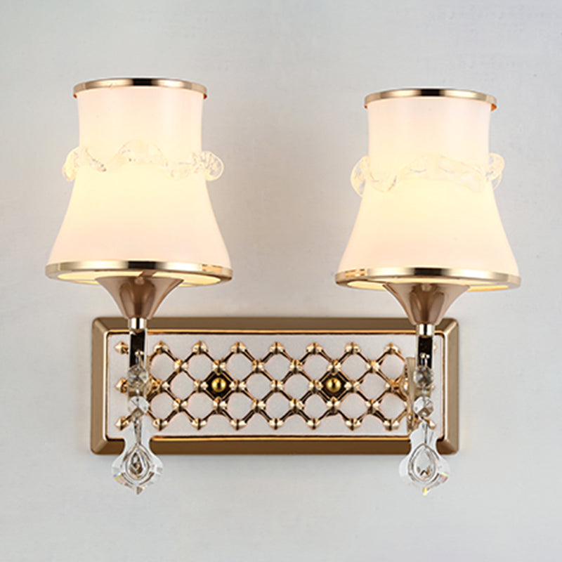 White Glass Flared Wall Lamp Contemporary Gold Wall Light Fixture for Bedroom