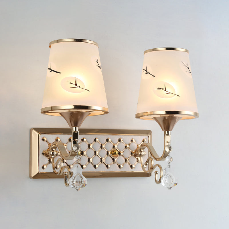 White Glass Flared Wall Lamp Contemporary Gold Wall Light Fixture for Bedroom