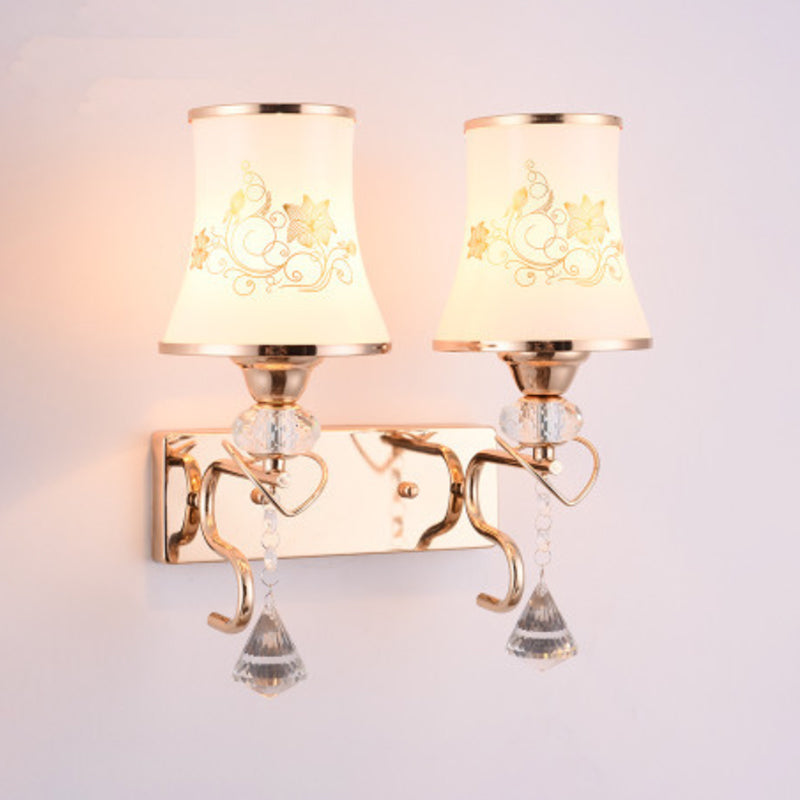 White Glass Flared Wall Lamp Contemporary Gold Wall Light Fixture for Bedroom