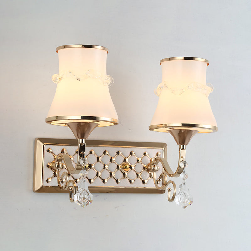 White Glass Flared Wall Lamp Contemporary Gold Wall Light Fixture for Bedroom