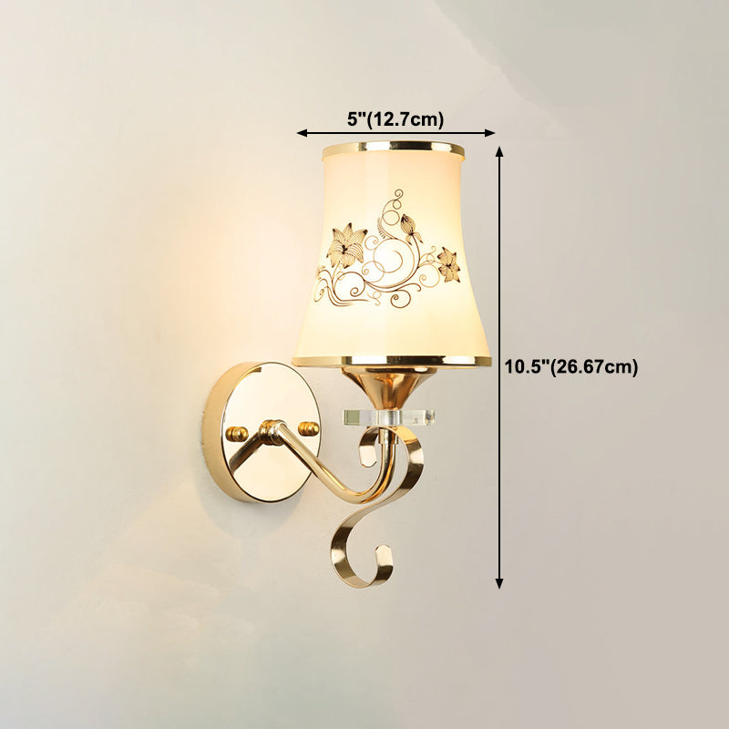 White Glass Flared Wall Lamp Contemporary Gold Wall Light Fixture for Bedroom