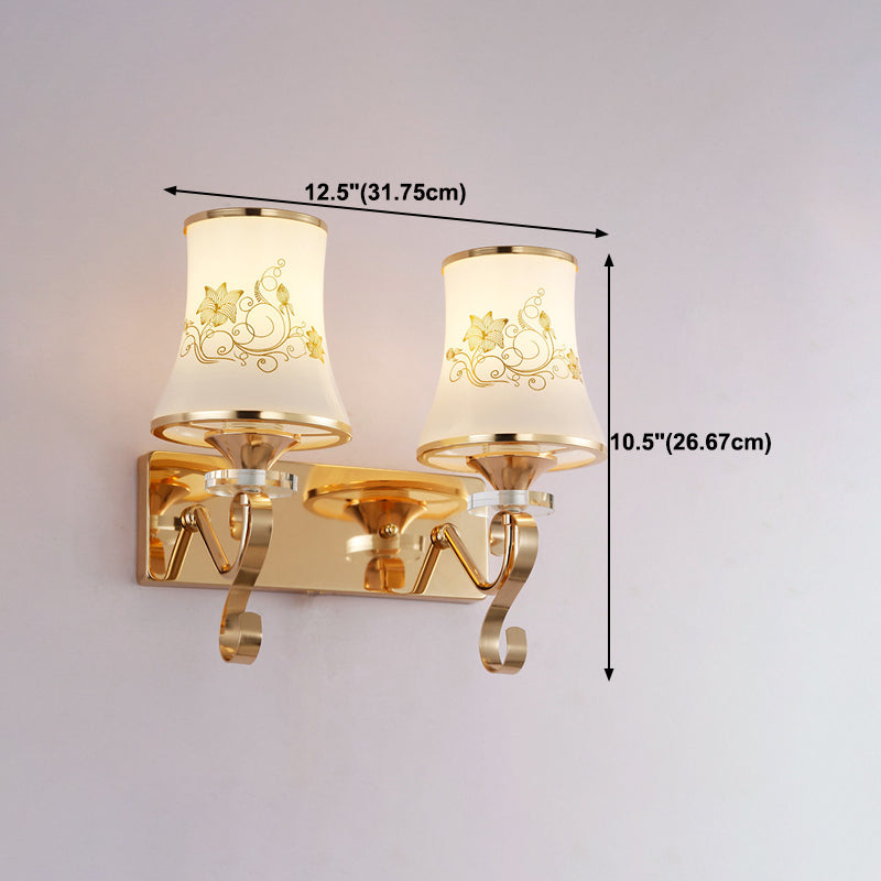 White Glass Flared Wall Lamp Contemporary Gold Wall Light Fixture for Bedroom