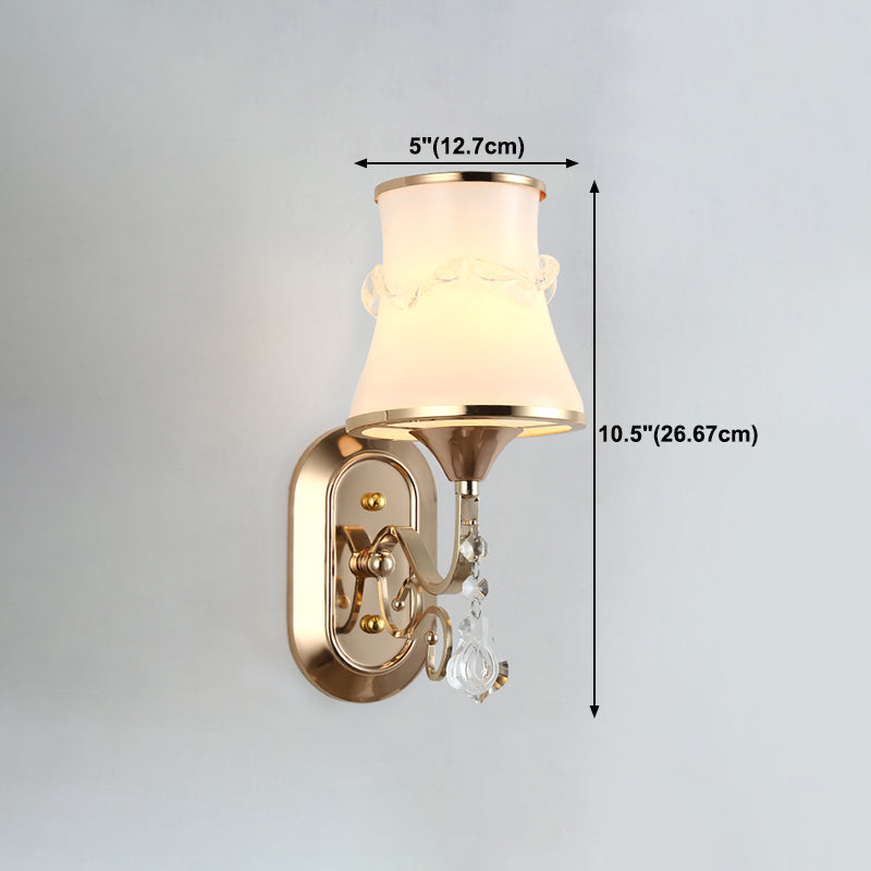 White Glass Flared Wall Lamp Contemporary Gold Wall Light Fixture for Bedroom