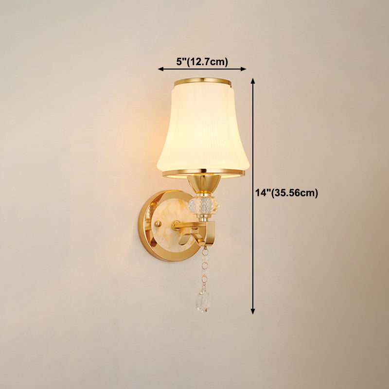 White Glass Flared Wall Lamp Contemporary Gold Wall Light Fixture for Bedroom