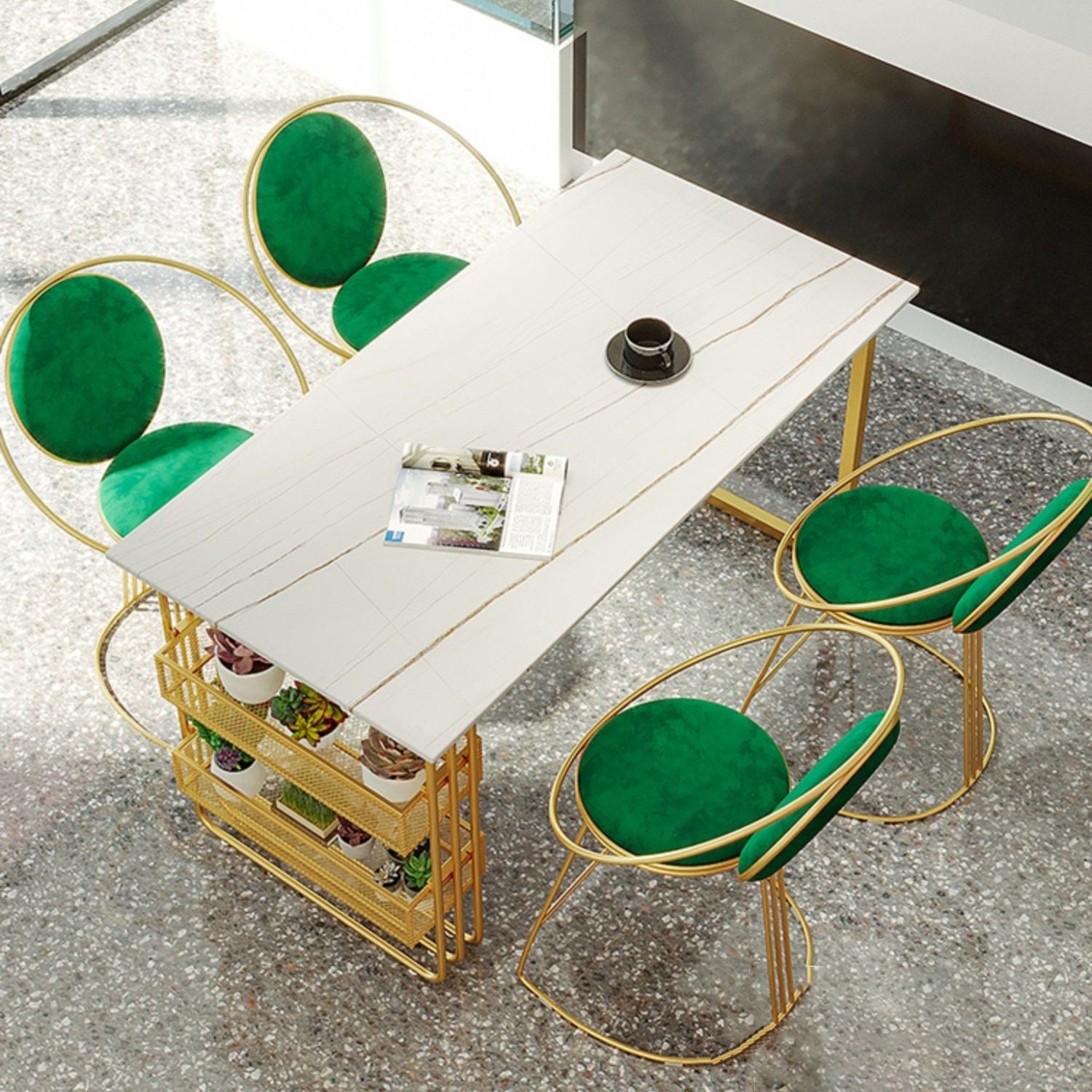 Traditional Luxury Dining Table Metal Double Gold Pedestal Table with Storage