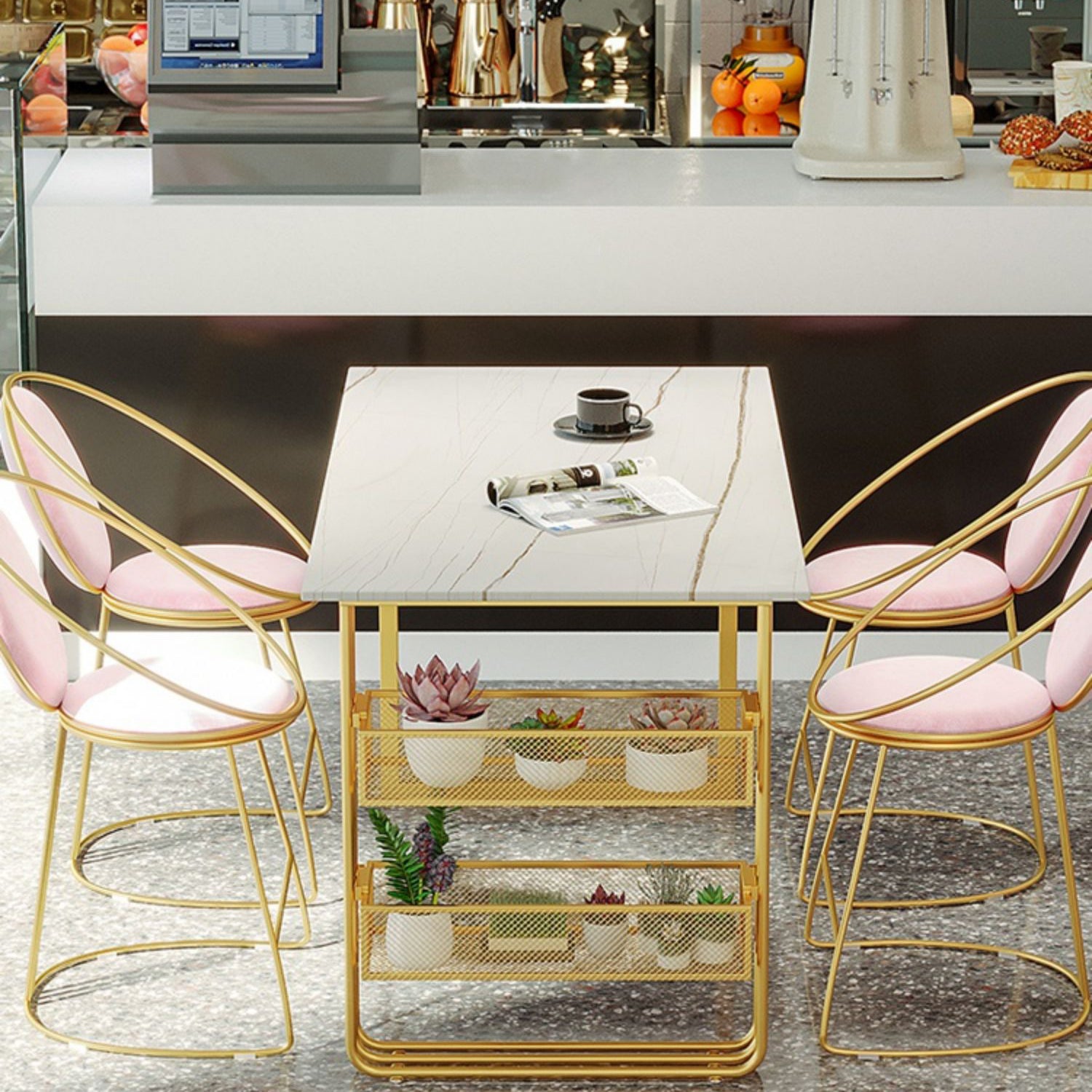 Traditional Luxury Dining Table Metal Double Gold Pedestal Table with Storage