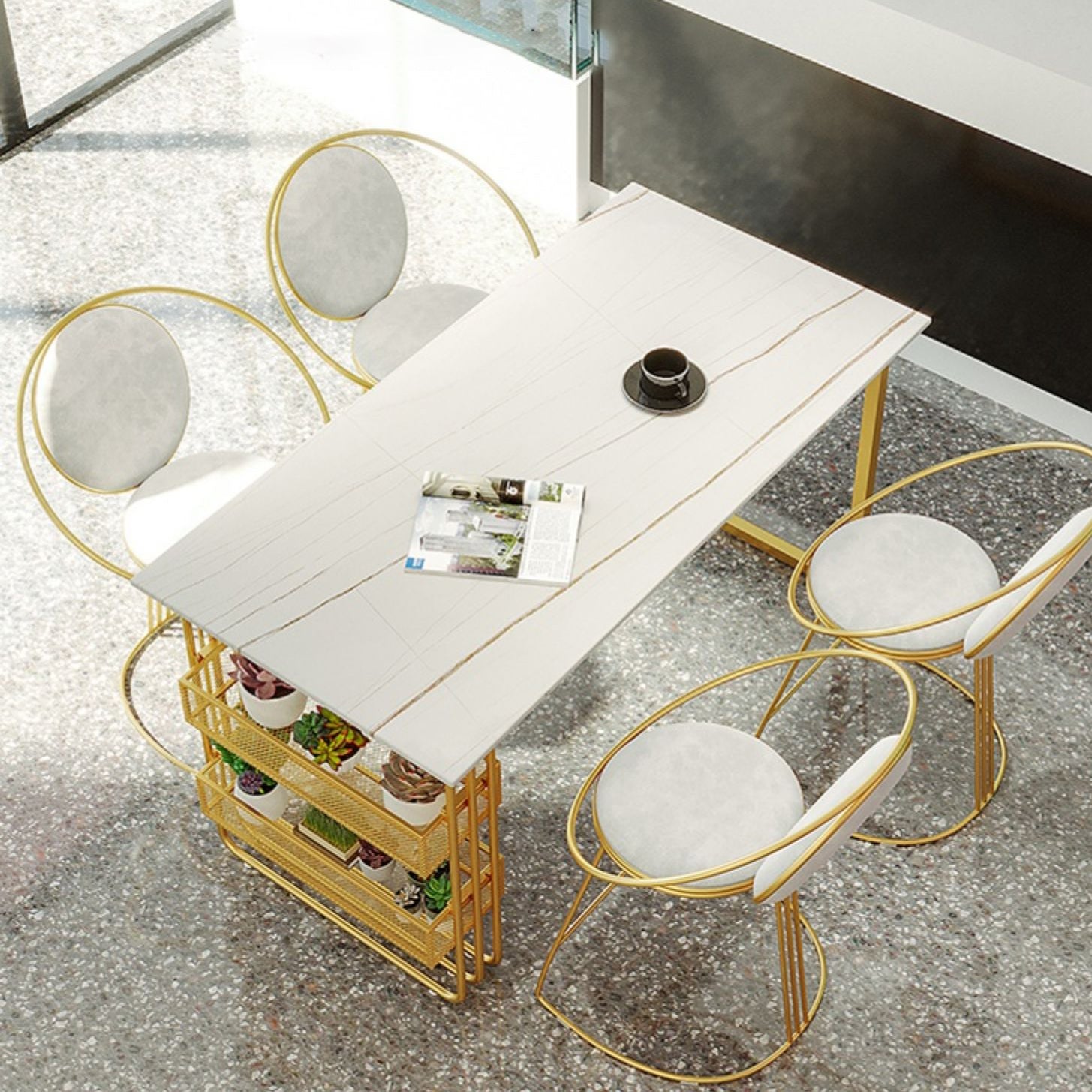 Traditional Luxury Dining Table Metal Double Gold Pedestal Table with Storage