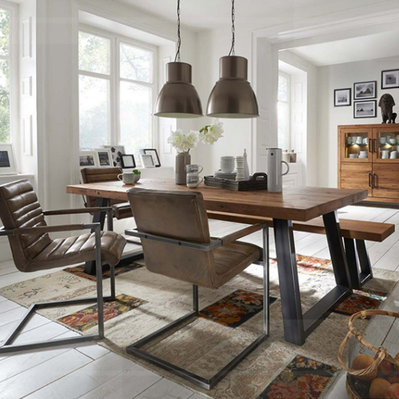 Metal Industrial Rectangle Table Pine Solid Wood Top Dining Table with Sled Base