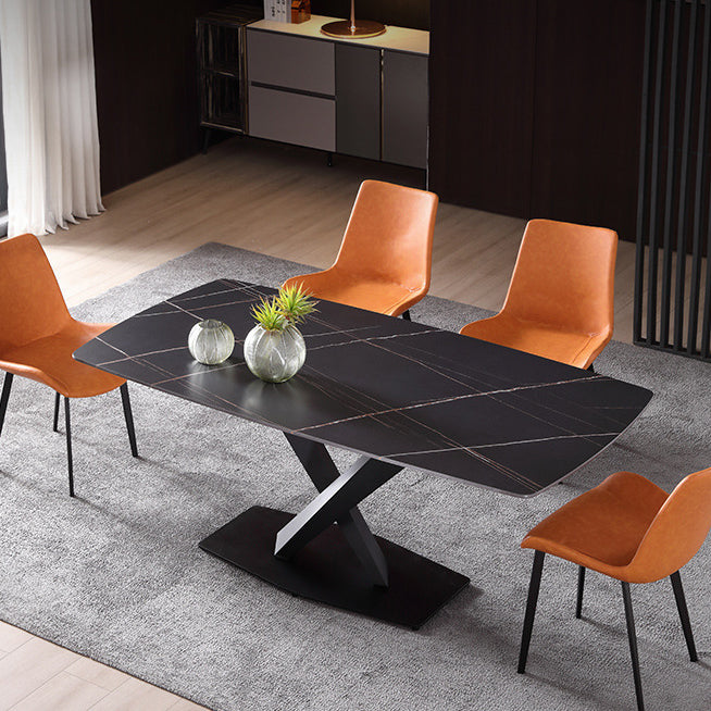 Stone Top Dining Table Modern Rectangle Table with Metal Base in Black
