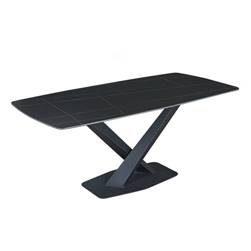 Stone Top Dining Table Modern Rectangle Table with Metal Base in Black