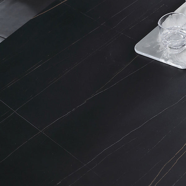Stone Top Dining Table Modern Rectangle Table with Metal Base in Black