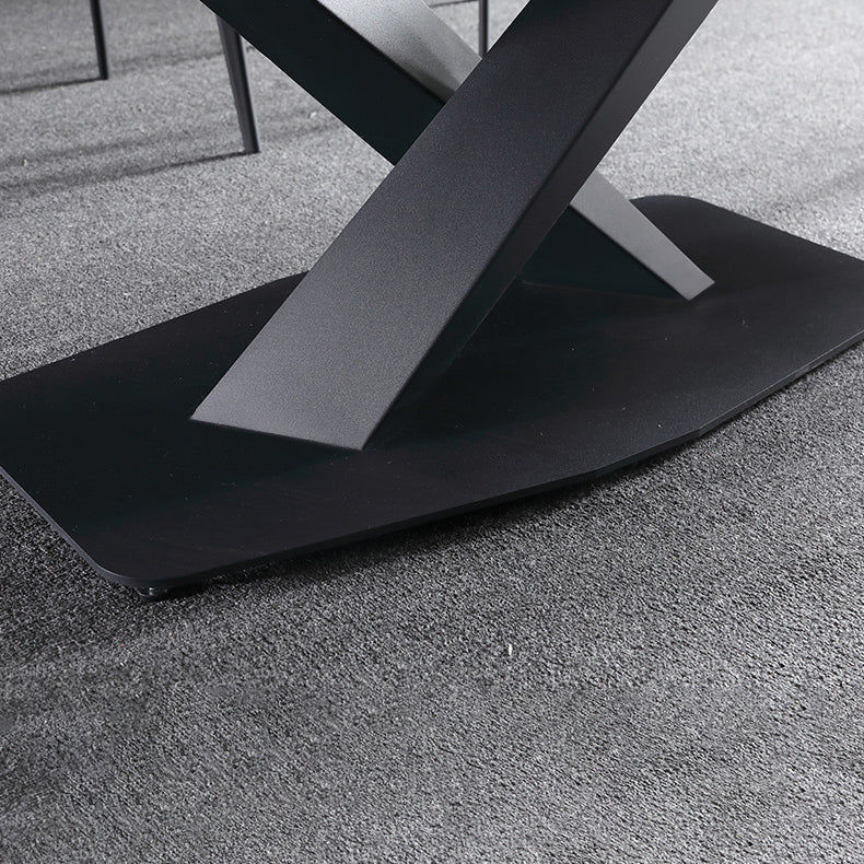Stone Top Dining Table Modern Rectangle Table with Metal Base in Black